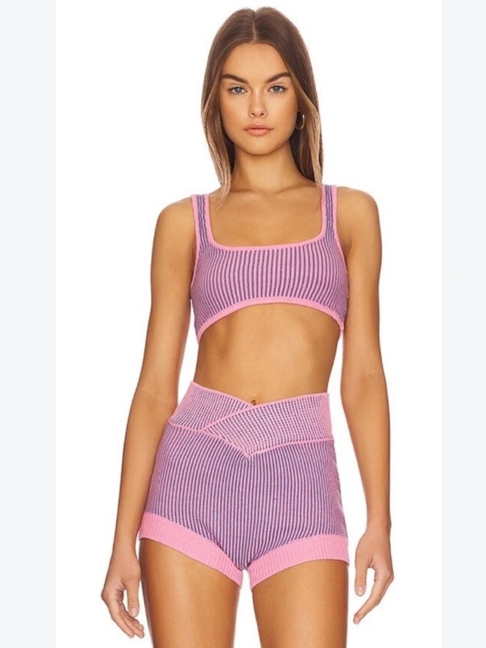 For Love & Lemons Gemma Knit 2 Piece Set Pink Purple Crop Top Shorts XS S